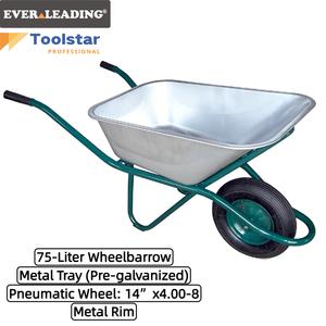 <span class=keywords><strong>Brouette</strong></span> robuste 75L avec plateau métallique pré-galvanisé, roue pneumatique 14"x4.00-8 et jante métallique pour la construction et le jardinage - Product Image 1