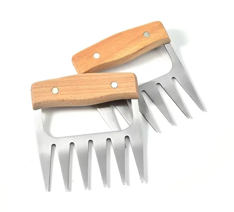 BBQ Set Hot Selling Forks BBQ Creative Tool Fork Wooden Handle Stainless Steel Claws 2pcs Pair Metal Silicon Oil Brush 28