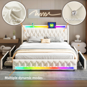 Gestoffeerd <span class=keywords><strong>Bed</strong></span> <span class=keywords><strong>160X200Cm</strong></span> Met Bluetooth Speakers, Meerkleurige Led-Lamp, Usb & Type-C Laadstation, Opbergruimte Met 4 Laden - Product Image 4