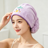 Serviette de séchage pour cheveux en polaire corail brodée avec un motif de dessin animé mignon, super absorbante et à séchage rapide, turban pour cheveux pour femmes