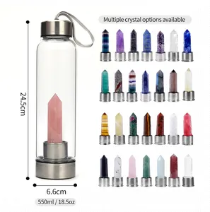 Garrafa de água de cristal ecológico com gotas de quartzo rosa, garrafa de cristal natural caída, garrafa de água de quartzo transparente de ametista