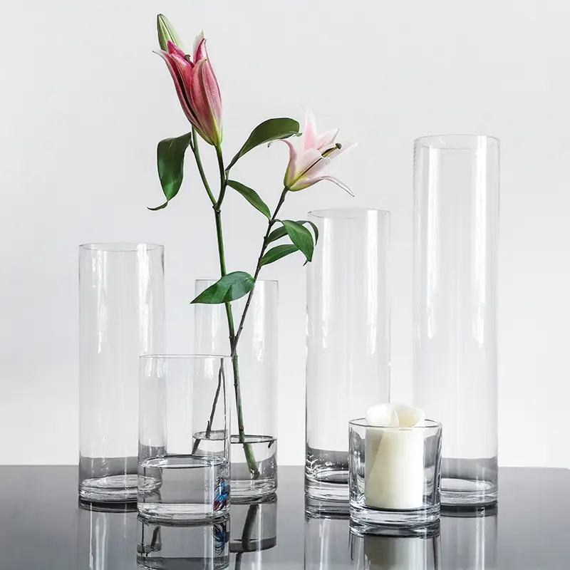 Fabrieksleverancier Groothandel Goedkope Heldere Elegante Cilinder Glazen Vaas Voor Bruiloft Centerpieces Decoratie