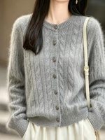 Cardigan en cachemire pur brossé personnalisé à col rond torsadé pour femme – Pull torsadé