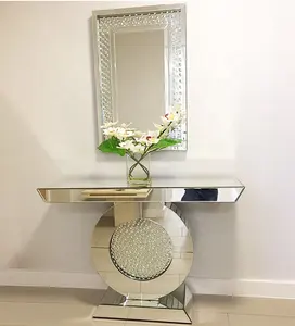 Best selling MDF crystal round mirrored console table set with rectangle crystal act deco wall mirror