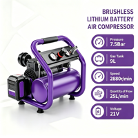 Compresseur d'air portable sans balais au lithium 21V, 7,5 bars, réservoir de 9L, 25L/min, 2880 tr/min, modèle compact