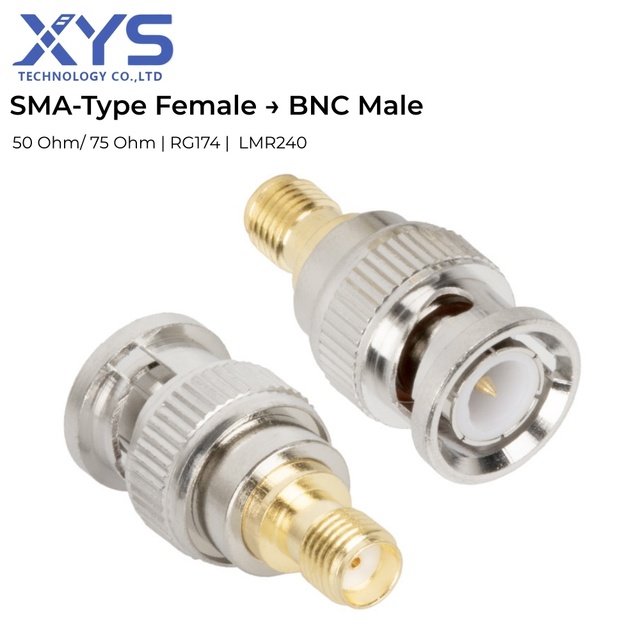 SMA-Type Female to BNC Male RF Adapter Gold Plated 50Ω Coaxial Connector for Antenna & Communication Systems