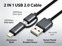 Câble USB 2.0 multifonction 2-en-1 en nylon tressé pour la charge et le transfert de données, compatible iPhone et appareils Micro USB – Vente en gros usine