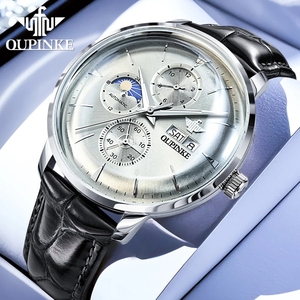 OUPINKE 3309 <b>Mechanical</b> Wrist watch for Men Auto Date Moon Phase Waterproof TOP Brand Man Hand <b>Clock</b> Leather Strap Men Watches - Product Image 1