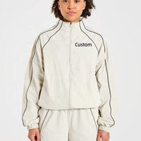 Blouson Bomber Femme Personnalisé avec Logo OEM, Coupe-Vent Zippé à Col Montant, Passepoil Contrastant, Vêtement d'Extérieur Décontracté en Nylon/Acrylique