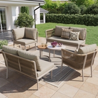 Ensemble de canapé d'angle de jardin en fer galvanisé AJUNION, tissage en corde, mobilier d'extérieur, canapé de patio imperméable pour 6 personnes