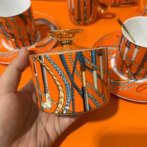 Ensemble de thé en céramique à motif sceptre orange, 11 ou 15 pièces, avec poignée dorée, en porcelaine fine, idéal pour un cadeau - Product Image 4