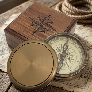 Boussole vintage en bronze, outil de navigation en métal avec étui en bois pour le camping, la randonnée, cadeau - Product Image 4