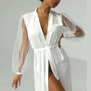 Yanzi vente en gros mariée satin kimono robe pyjamas chemise de nuit vêtements de nuit femmes salon porter femme chemise de nuit soyeuse