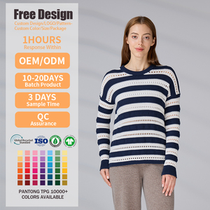 เสื้อถักไหมพรมผู้หญิงลายทาง แขนยาว ผ้าฝ้ายออร์แกนิค 100%  แบบโปร่งลายตาข่าย  พร้อมปักโลโก้ตามสั่ง - Product Image 2