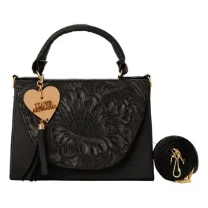 Sac bandoulière Fana Preciosa Lupe en cuir véritable noir, style vintage avec embossage floral et chaîne à pompon - Product Image 1