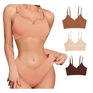 Set Lingerie bralette tanpa kelim, set celana dalam dan Bra Push Up olahraga nyaman leher V untuk wanita