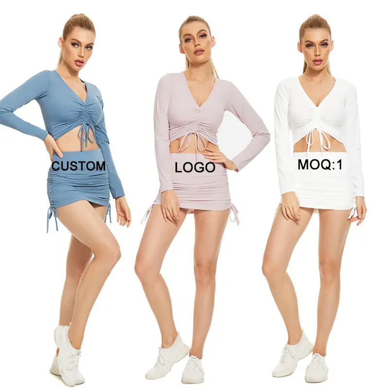 OEM European and American women's clothing sexy drawstring navel long-sleeved V-neck T-shirt casual sports bag hip skirt suit