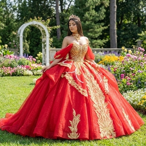 Robe de Quinceañera Xs281 rouge et or brodée, corset cœur, robe de bal en tulle bouffant pour la boutique Jancember - Product Image 1