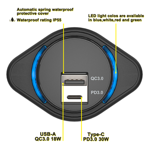 Cargador Rápido 3.0 12/24 V 2 USB QC USB-A PD Tipo C, Enchufe de Carga USB para Montaje en Panel con Cubierta Automática de Resorte - Product Image 6