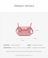 Sac à main femme en cuir véritable texturé autruche 19 cm, cousu main au fil ciré, imperméable, été/hiver, fermeture éclair, bandoulière