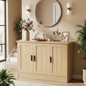 Buffet en bois moderne avec poignées noires, <span class=keywords><strong>3</strong></span> <span class=keywords><strong>portes</strong></span>, étagères réglables - Durable, gain de place, console TV pour cuisine et salon - Product Image 1