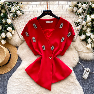 Camicette Casual Primaverili <span class=keywords><strong>a</strong></span> <span class=keywords><strong>Maniche</strong></span> <span class=keywords><strong>Corte</strong></span> con Scollo <span class=keywords><strong>a</strong></span> V per Donne, Camicie con Diamanti, Top Casual da Donna, Abbigliamento Femminile all'Ingrosso - Product Image 2