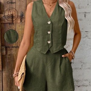 Venta al por mayor de algodón de estilo francés de moda Retro elegante de las mujeres de dos piezas con cuello en V de un solo pecho chaleco y pantalones cortos Slim Casual Suit - Product Image 5
