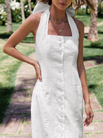 Robe décontractée blanche en coton pour femme, coupe droite, avec logo personnalisé, style vintage chic, sexy, à lacets et boutons, idéale pour les vacances