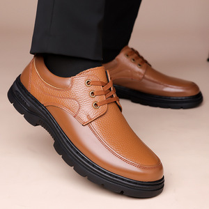 Chaussures décontractées en cuir véritable pour hommes, bout rond, doublure en peluche, semelle extérieure en caoutchouc, chaudes, antidérapantes, pour l'automne - Product Image 2