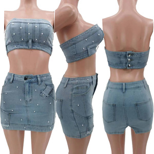 Minijupe en <span class=keywords><strong>jean</strong></span> deux pièces vêtements pour femmes bustier tubulaire et jupes en <span class=keywords><strong>jean</strong></span> tenues 2 pièces avec perles - Product Image 6