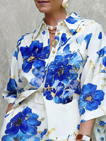 Ensemble décontracté deux pièces d'été : Blouse ample à manches courtes boutonnée à imprimé floral et revers + Short large à poches