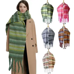 Fashion Winter Thick Heavy Cashmere Scarf 2024 Woven Rainbow Striped Warm Shawl for Women