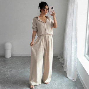Conjunto de Dos Piezas de Verano para <span class=keywords><strong>Mujer</strong></span>, Talla Grande, Blusa Informal Lisa con Aspecto de <span class=keywords><strong>Lino</strong></span> y Pantalones Largos Holgados de Cintura Alta - Product Image 2