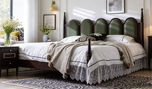 Premium Queen Size Dark Wood Spindle <b>Bed</b> With Green Velvet Five Panel Upholstered Headboard For Bedroom - Product Image 2