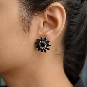 925 Sterling <b>Silver</b> Rhodium Plated Blue Sapphire Floral <b>Stud</b> Earrings - Product Image 2
