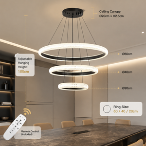 Lustre à trois anneaux en aluminium, LED, intensité variable, télécommande, hauteur réglable, moderne, pour salle à manger et salon - Product Image 4