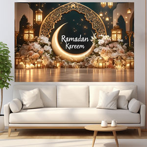 Fondale Ramadan Kareem Oro e Nero 2026 con Luna Dorata e Lanterne Floreali per Decorazioni Islamiche Musulmane del Ramadan ed Eid - Product Image 2