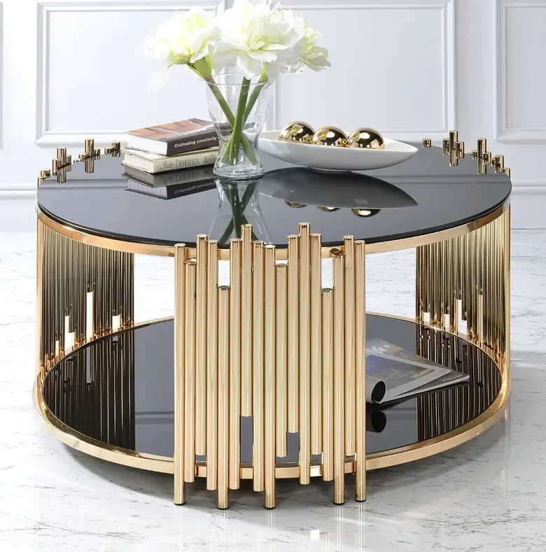 Haute couture hôtel meubles de maison Table centrale ronde or ruban acier inoxydable cadre en métal noir Table basse en verre trempé