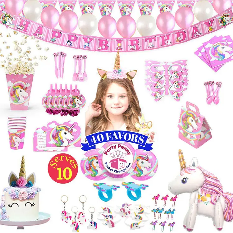 Nicro Serve 10 Unicorn Theme Alles Gute zum Geburtstag Geschirr Einweg-Kit mit Hut Mädchen Rückgabe Geschenk paket Stirnband Party zubehör