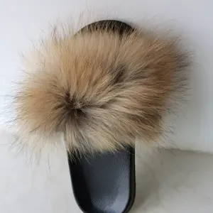 36-45 Summer Women Real Fox Fur Slippers Fur Slides Female Indoor Flip Flops Casual Fur Sandals Fluffy Plush Shoes