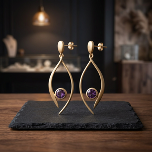 Boucles d'oreilles pendantes en améthyste plaquées or en forme de goutte d'eau avec tige incurvée pour femme, bijoux cadeau - Product Image 3