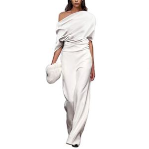 Mono de color liso de alta calidad al por mayor, mono sexy de media manga con un hombro descubierto y logotipo personalizado - Product Image 1