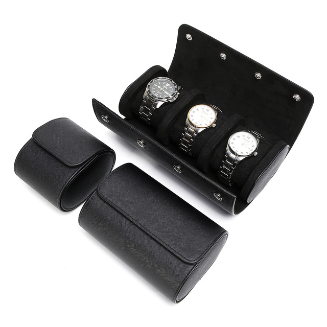 Ready to Ship Saffiano PU Watch Travel Roll Case 1/2/3 Slots Cross Grain PU Leather Watch Box Snap Closure Suede Watch Storage