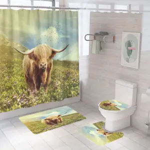 Farmhouse Bathroom Decor Sunflower Cattle Bull Print Highland Shower Curtain Set with 12 hooks