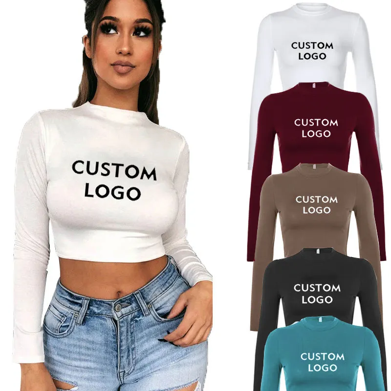 HG65 Wholesale Women Fashion Custom Logo Print Shirt Sexy Long Sleeve Ladies Summer Plain Tight Crop Tops