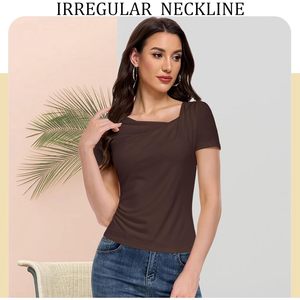 Haut court asymétrique pour femmes, manches courtes, coupe ajustée, chemise basique en polyester et coton, haut en tricot doux pour l'été - Product Image 6