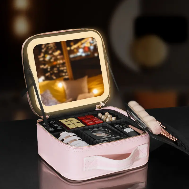 Portable Pu Maquillage Organisateur Avec Plein Led Lumière Miroir Étanche Cosmétique Cas Boîte De Rangement Sacs De Voyage Main Maquillage Valise