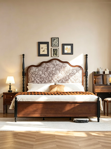 Traditional Upholstered Wooden Bed Frame Queen Size Mahogany Fabric Soft Bed with Patterned Headboard - Product Image 3