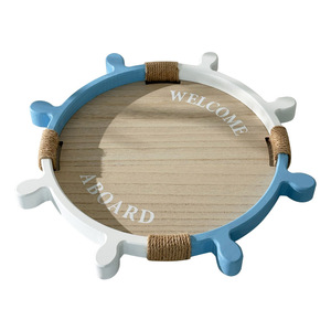 Mediterranean Style Wooden Ship Wheel Tray Round <b>Pine</b> Storage <b>Table</b> Top Decor For Fruit Tea Cups Minimalist Ocean Theme - Product Image 3