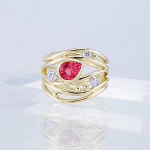 Anillo de Rubí para Mujer F296, Forma de Pera, Piedra Natural, Engaste de Garras, Anillos de Compromiso de Moda, Banda de Oro con Diamantes - Product Image 1